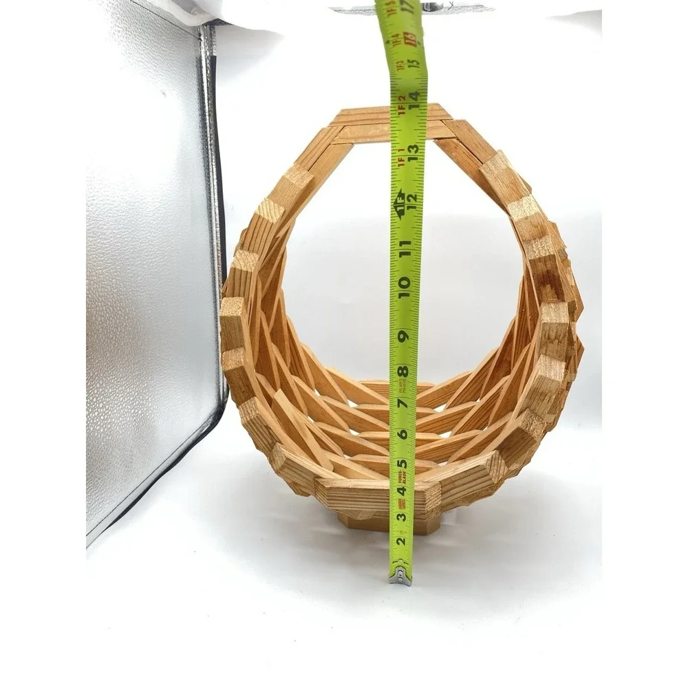 Vintage MCM Handmade Wood Geometric Block‎ Basket Bowl Mid Century Decor